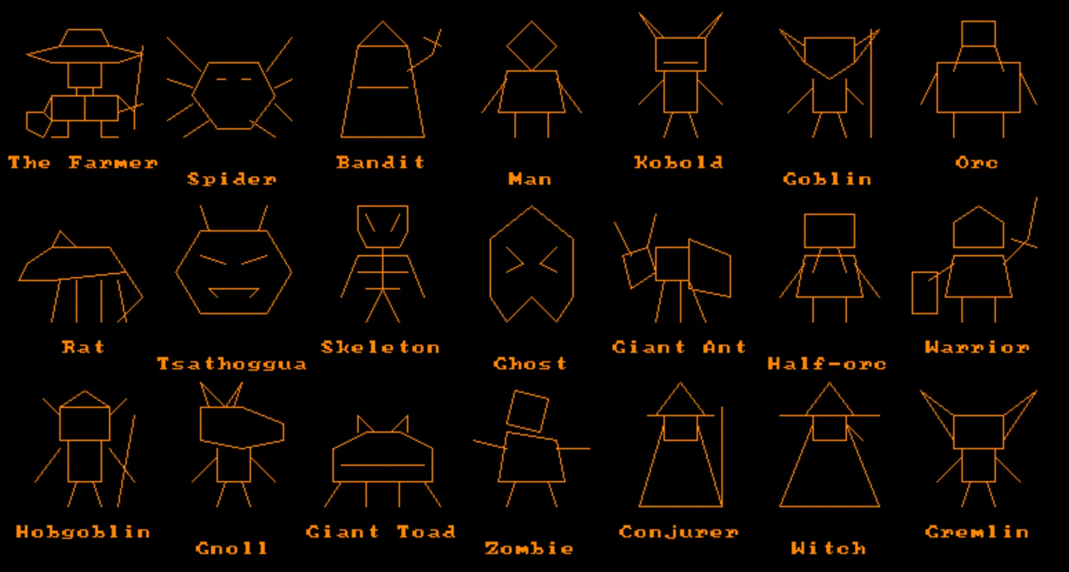 Some of the monsters of Corn Hat, drawn as orange lines: The Farmer, a spider, a bandit, a skeleton, a ghost, a witch, a gremlin and more